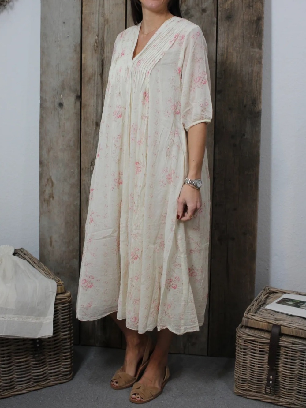 Les Ours Masa Liberty Bouquet Dress Cream Pink Floral Pintuck Sheer 2026-Large